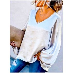 RESTOCKED! Silver Metallic Minimalist Puff Sleeve Blouse